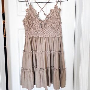 Zenana Outfitters Lace Trimmed Tan Tunic Top